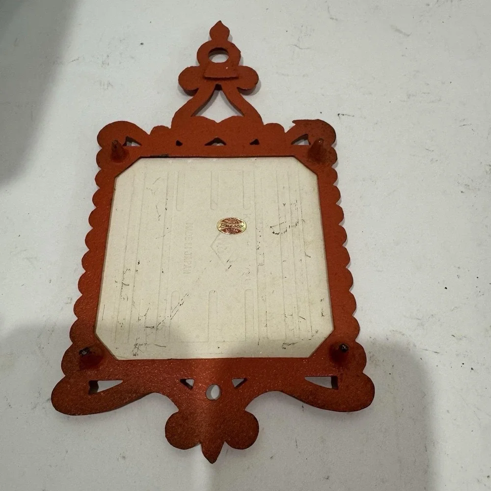 Pair Vtg 70s Ceramic Tile Cast Iron Trivet Green Orange Ladybugs Flowers Japan